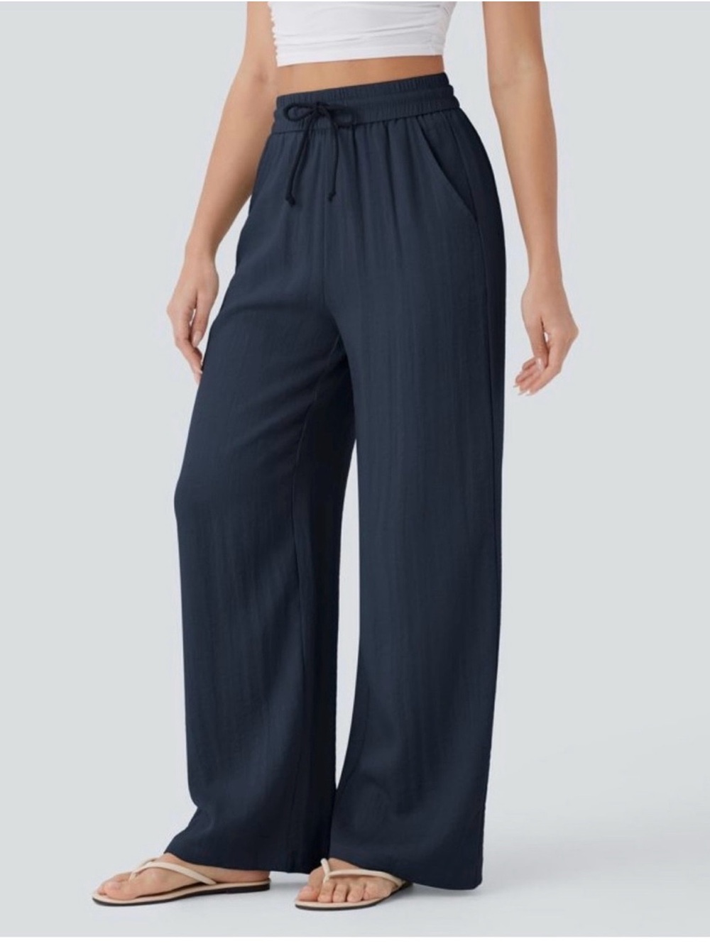 HALARA Navy (S/Petite) Elastic-Waist Wide Leg Linen Pants